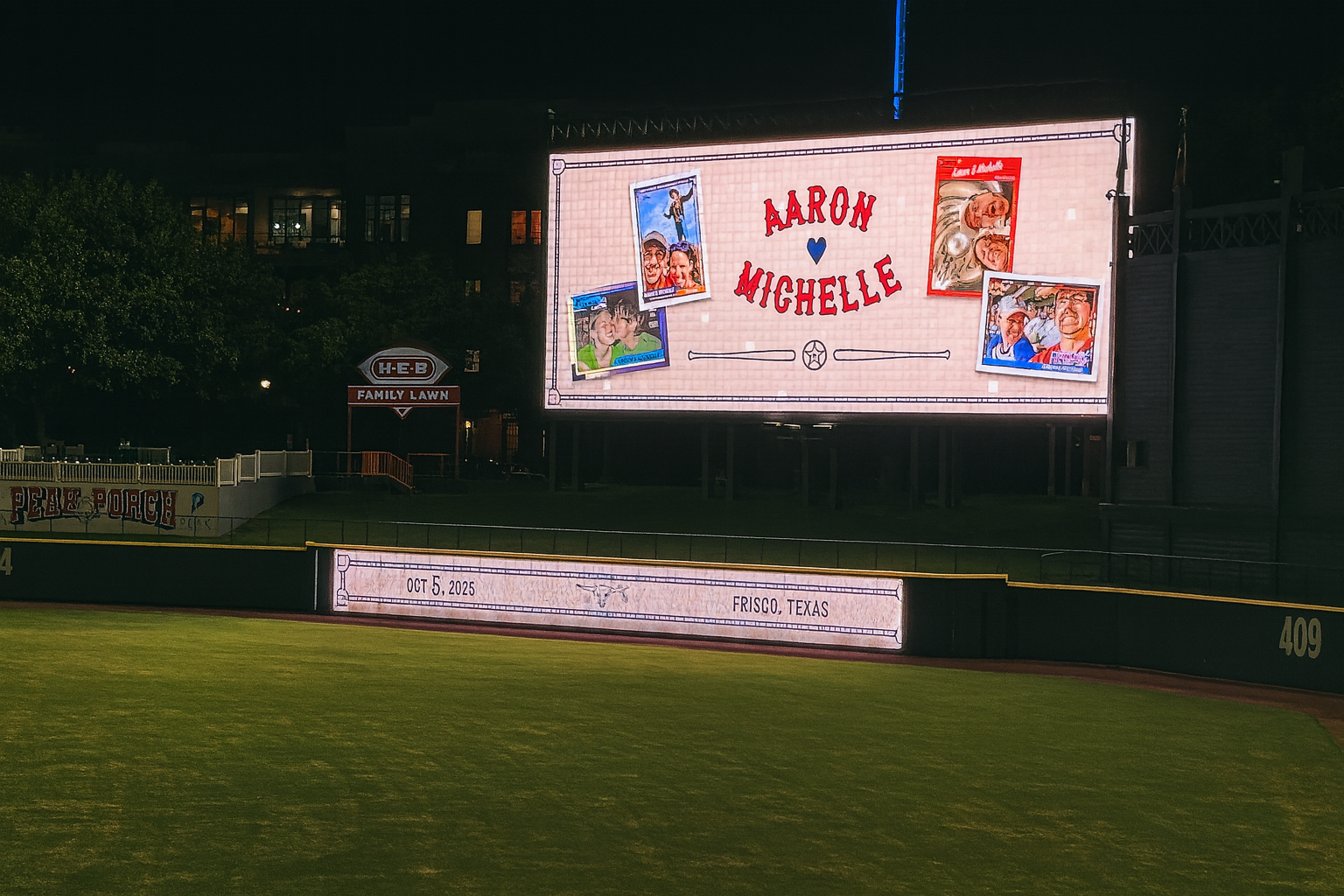 Wedding display for Aaron and Michelle on the scoreboard at the Frisco RoughRiders baseball stadium at night, with vivid field lighting and a romantic atmosphere.