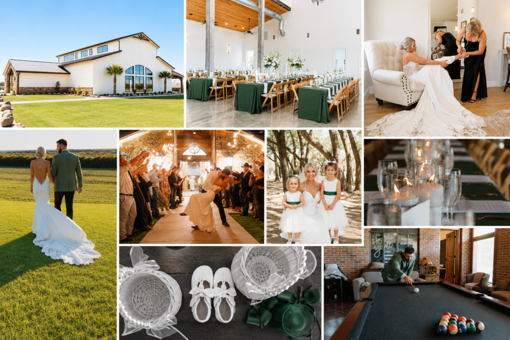 Collage of wedding day moments at Diamond A Ranch featuring the ceremony setup, bride and groom portraits, reception details, floral arrangements, and scenic countryside views.